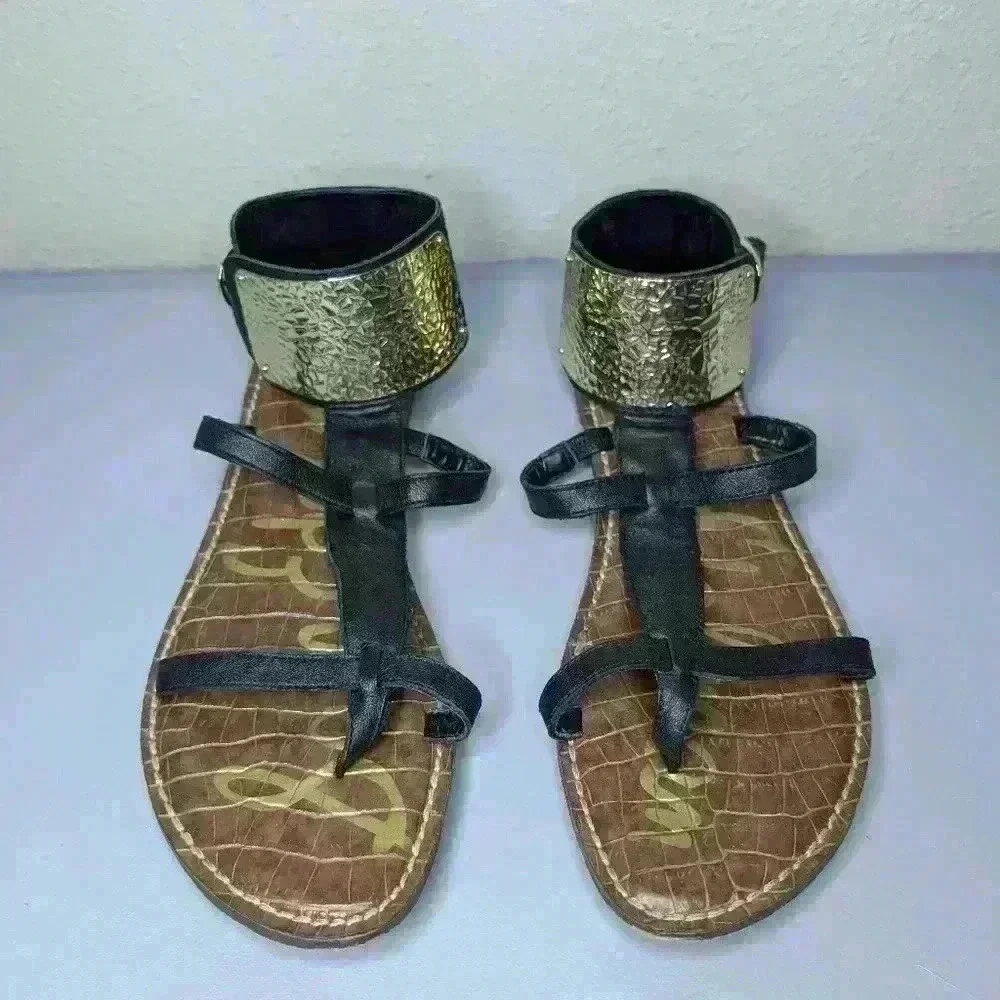 SAM EDELMAN Genette Gladiator Sandal Shoes Size 8.5 black/gold/brown - Picture 1 of 11